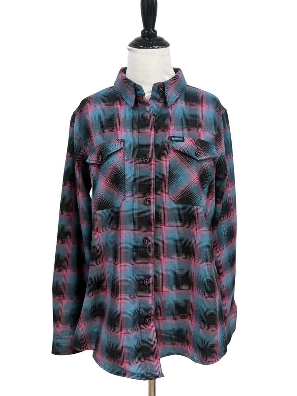 Dixxon x Shreddy Women’s Large Flannel Shirt Pink Teal Black Plaid D-Tech